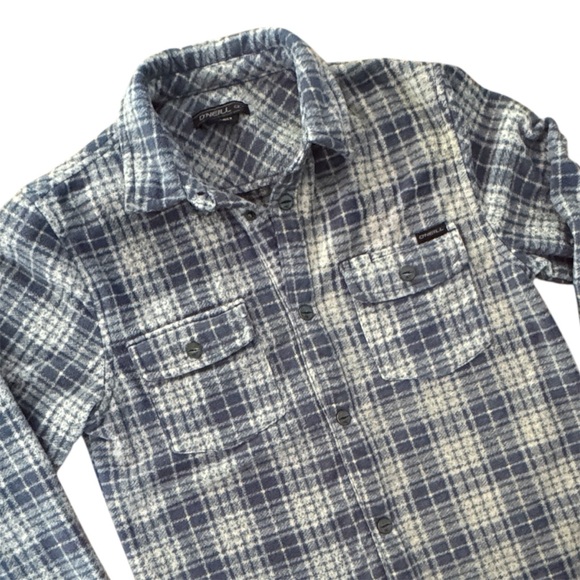 O'Neill Boy’s Glacier Plaid Superfleece High Pile Shirt Navy Cream Soft Small 8 - Picture 1 of 7